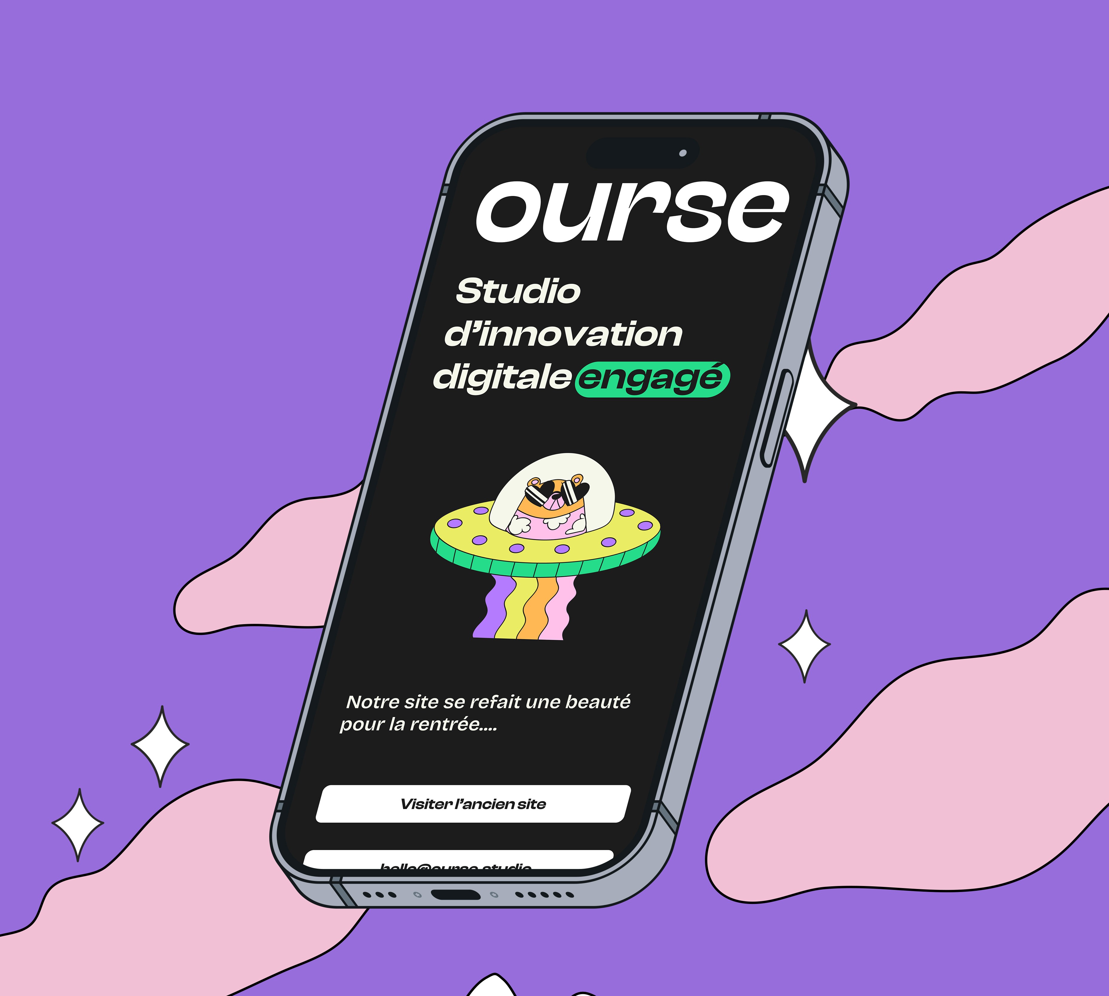 UX UI page accueil ourse sur mobile noire sur fond violet et rose avec des nuages