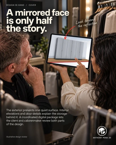 Illustrated tablet review of a six-door wardrobe model beside a garment rack.
