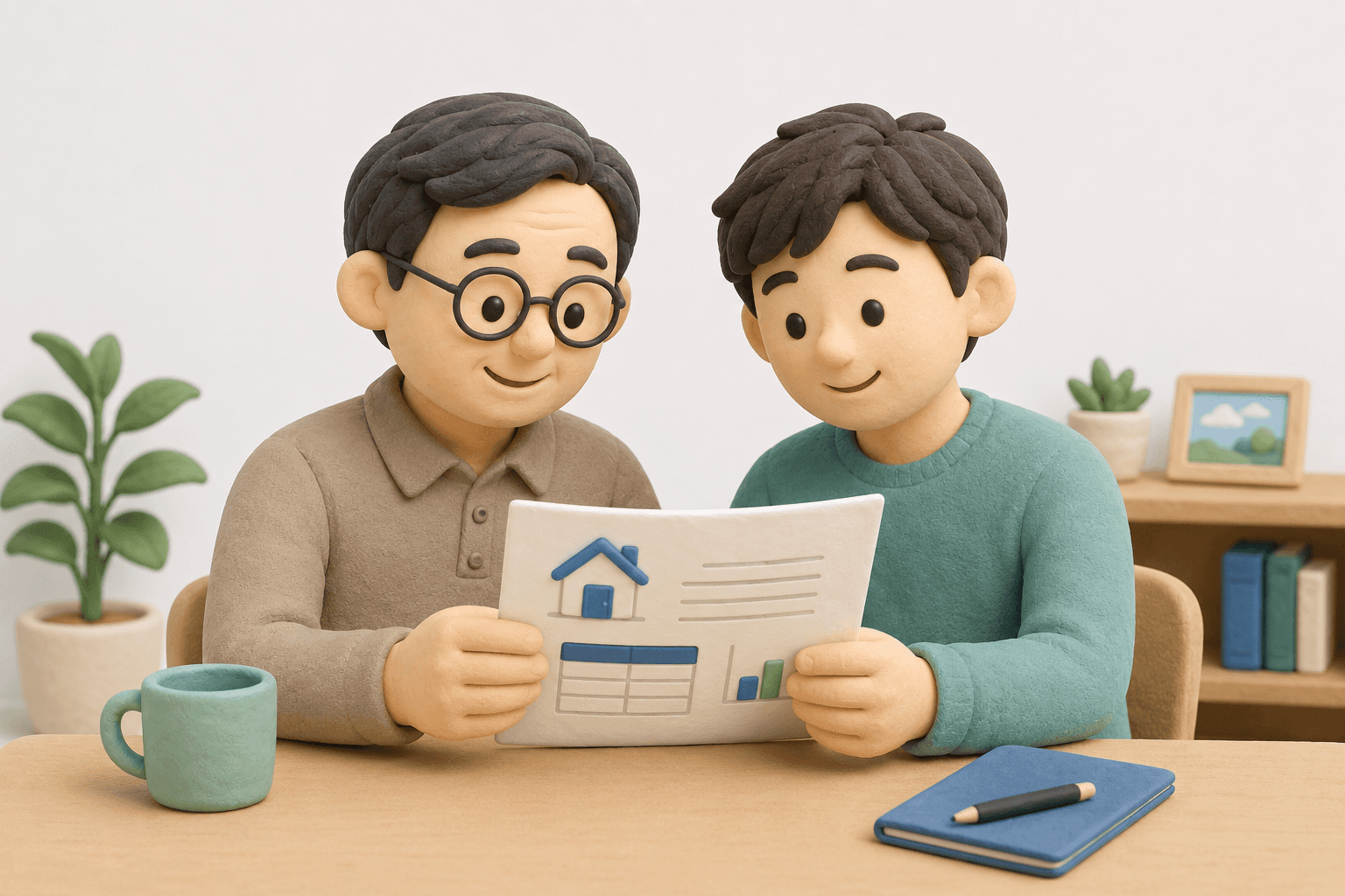 테이블에서 서류를 함께 보고 있는 부모와 성인 자녀