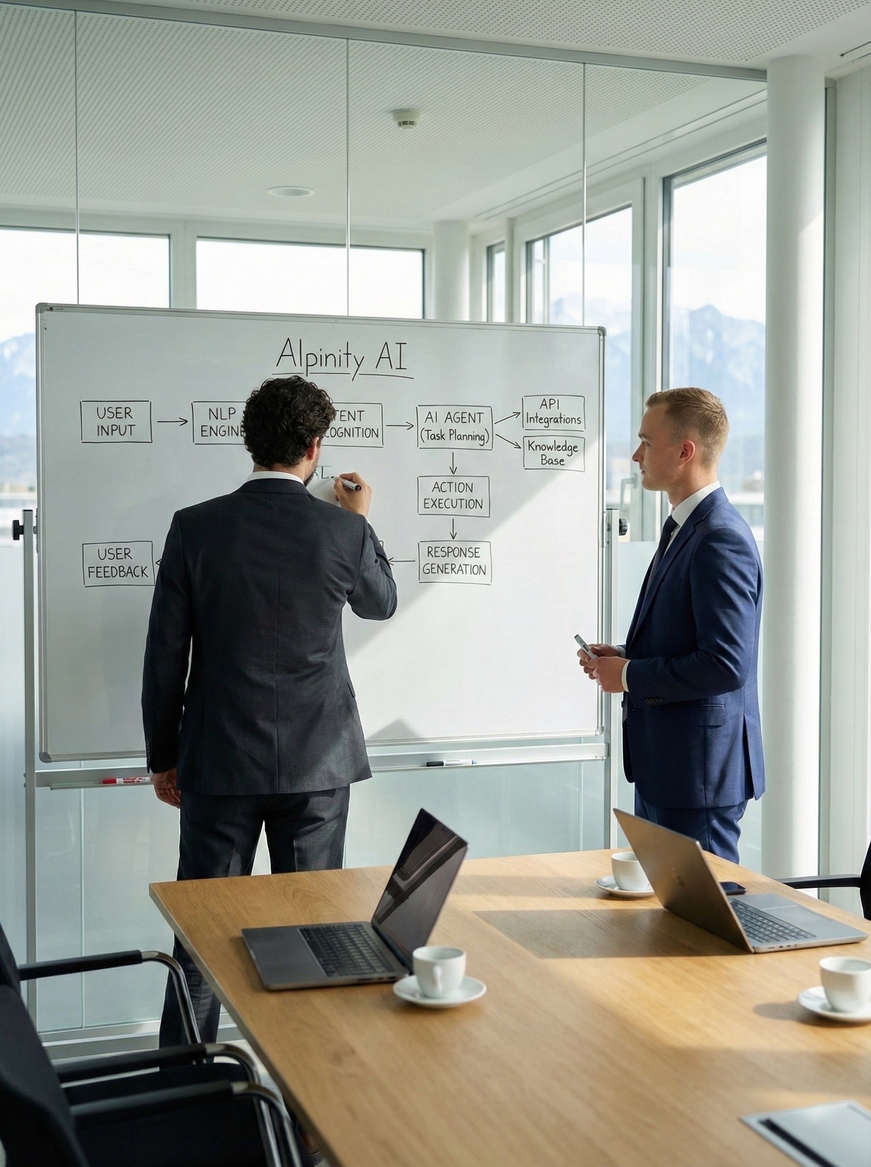 Alpinity AI Gründer bei der Workflow Planung am Whiteboard – Strategie für Prozessautomatisierung