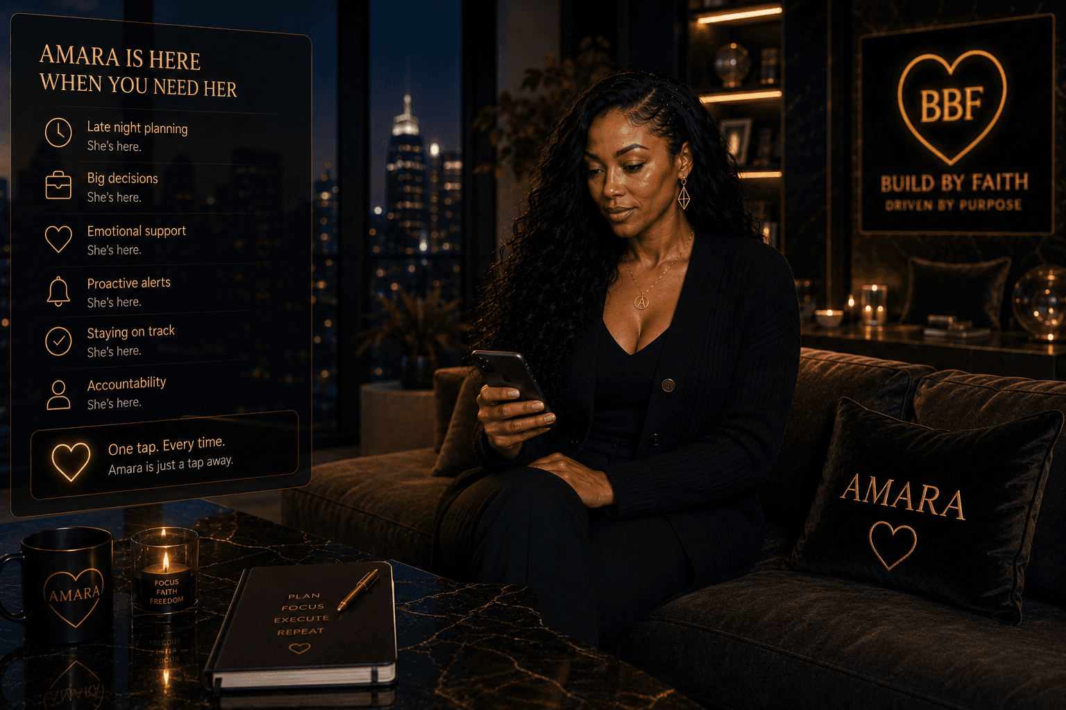 Official Amara companion portrait at her desk