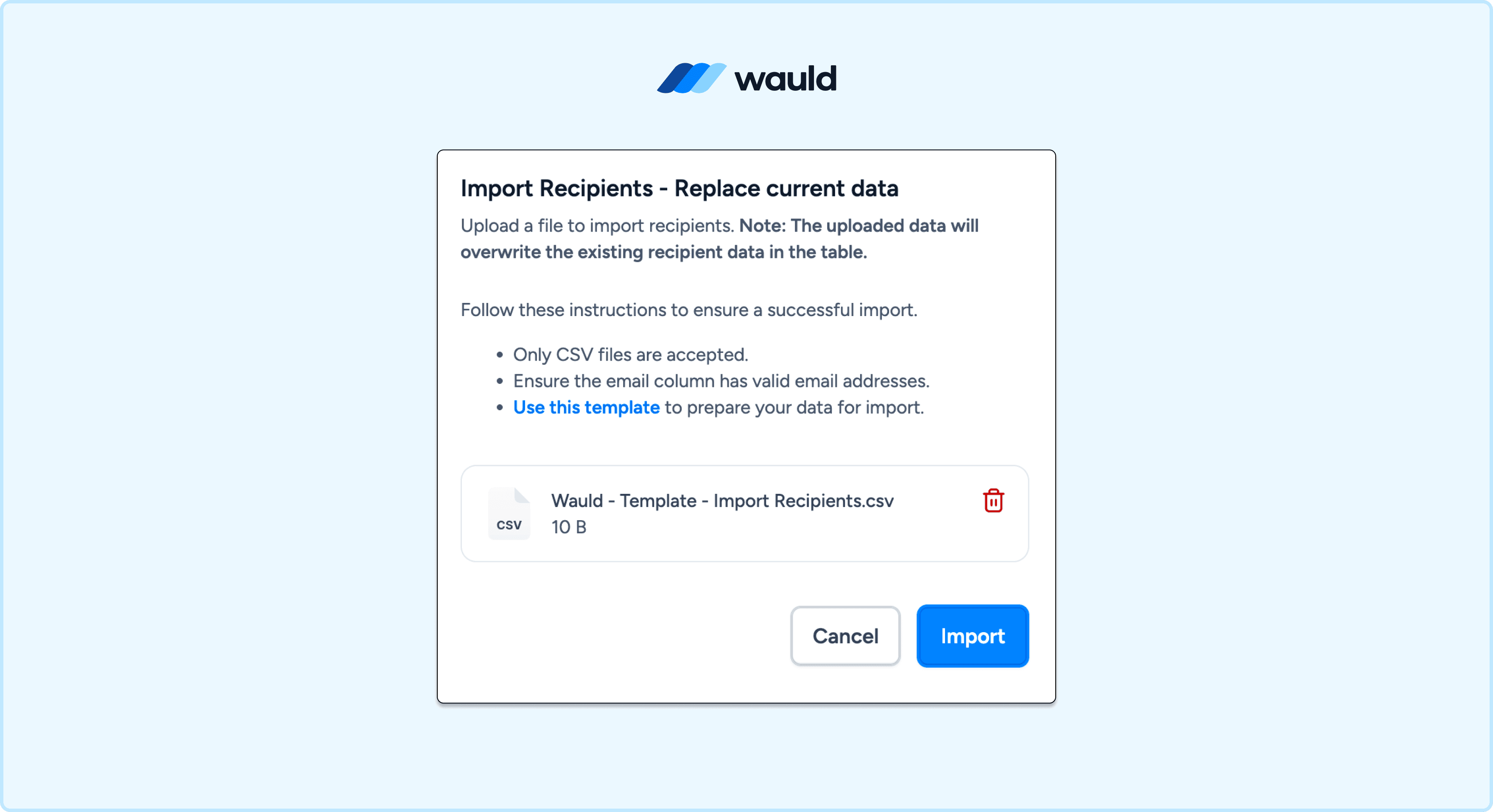 Wauld bulk credential issuance interface showing a CSV upload workflow. Administrators can upload a spreadsheet containing recipient information to generate and distribute digital credentials in bulk, streamlining large-scale certification and recognition programs.