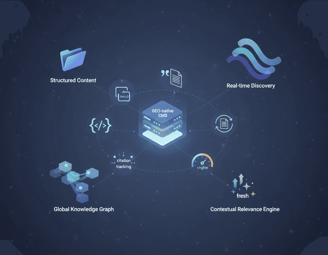 Diagram of GEO-native CMS core surrounded by six feature icons interconnected with AI model clouds