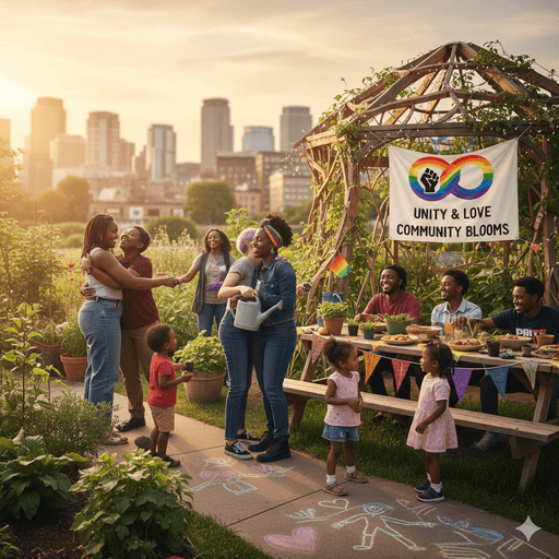 A group of four people standing outside a building, engaging in conversation, with cars parked nearby.