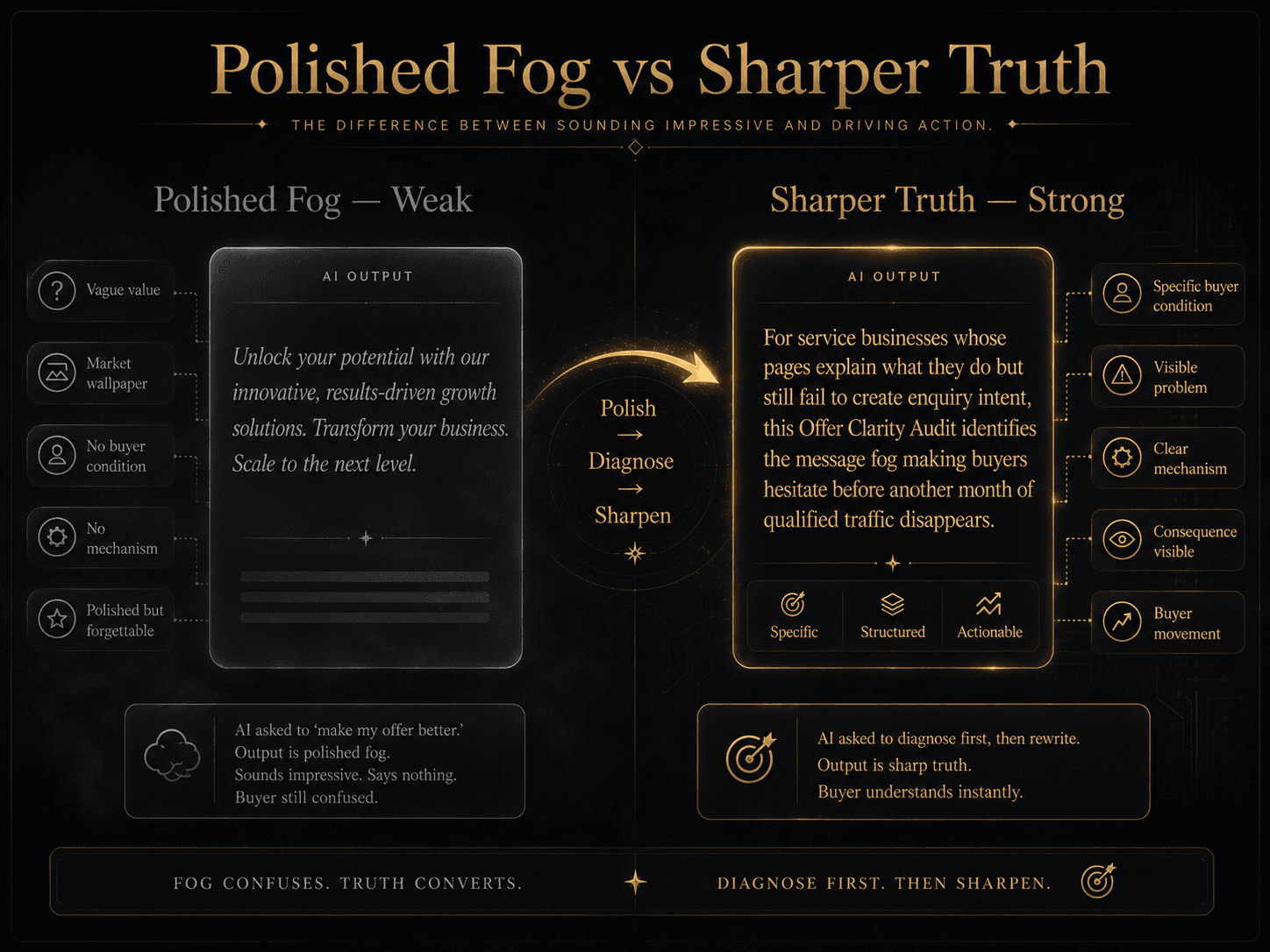 “Polished Fog vs Sharper Truth” Concept: A split-screen comparison showing two outputs from the same AI prompt.  Left side (Polished Fog — Weak): A beautifully formatted AI output with generic, inflated language: “Unlock your potential with our innovative, results-driven growth solutions. Transform your business. Scale to the next level.” The text is polished, elegant, but hollow. Diagnostic markers: “Vague value,” “Market wallpaper,” “No buyer condition,” “No mechanism,” “Polished but forgettable.” Label: “AI asked to ‘make my offer better.’ Output is polished fog. Sounds impressive. Says nothing. Buyer still confused.”  Right side (Sharper Truth — Strong): A clean, specific AI output: “For service businesses whose pages explain what they do but still fail to create enquiry intent, this Offer Clarity Audit identifies the message fog making buyers hesitate before another month of qualified traffic disappears.” Diagnostic markers: “Specific buyer condition,” “Visible problem,” “Clear mechanism,” “Consequence visible,” “Buyer movement.” Label: “AI asked to diagnose first, then rewrite. Output is sharp truth. Buyer understands instantly.”  A curved arrow points from left to right with the word: “Polish → Diagnose → Sharpen.”  Style: Dark charcoal background. Left side: desaturated grey, polished but hollow, elegant but empty. Right side: warm gold/amber, specific, structured, glowing with meaning.  Interaction: Hovering the left side reveals each piece of polished fog (vague value, market wallpaper, no mechanism). Hovering the right side reveals the diagnostic questions that led to the sharp version. A slider transitions from “Polished Fog” to “Sharper Truth.”
