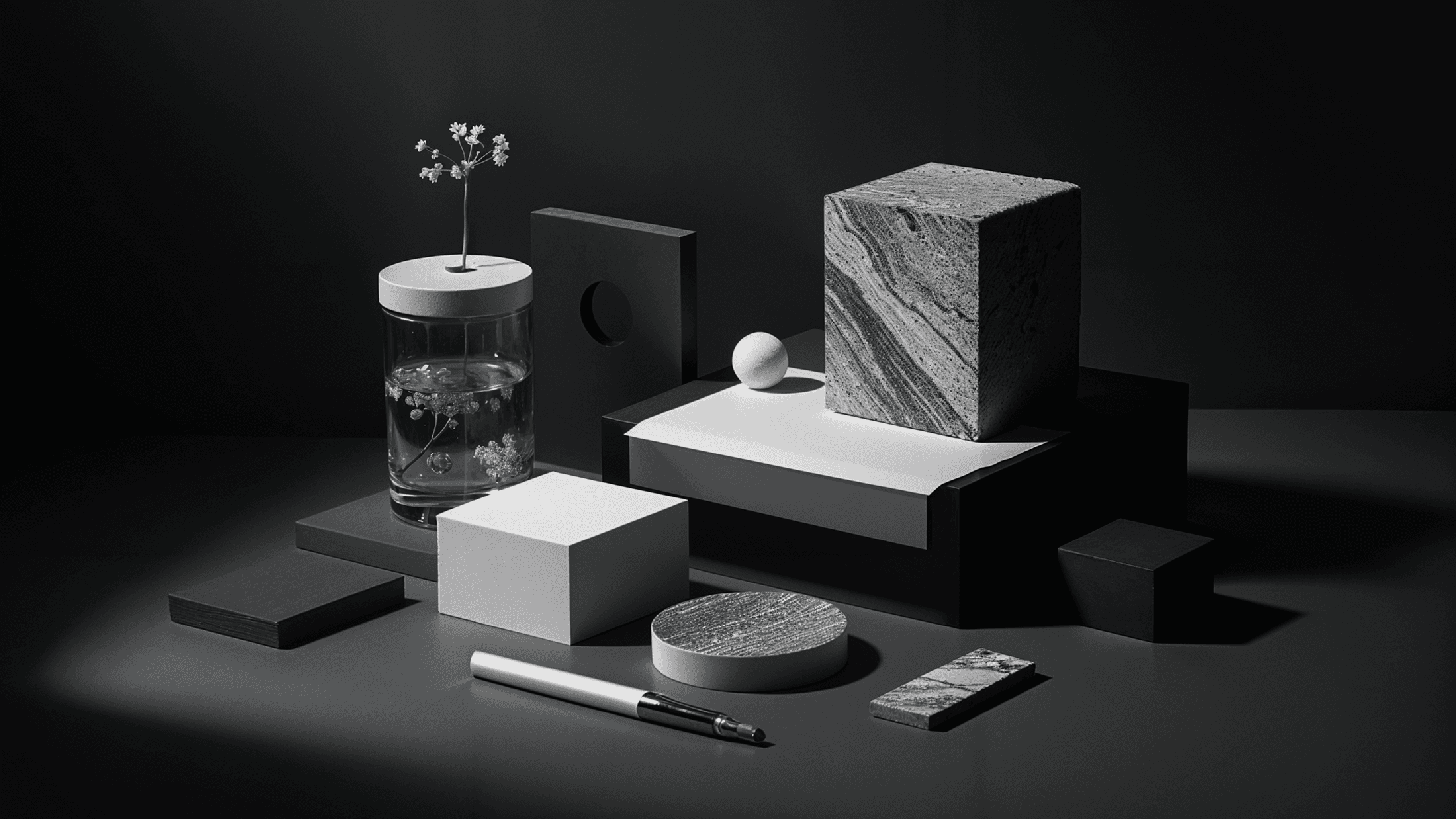 A monochromatic still life composition featuring geometric objects, natural elements, and design materials arranged in a balanced manner. The scene includes textured cubes, a round stone, a fountain pen, a glass jar with a minimalist lid containing delicate submerged flowers, and a small plant emerging from the lid. The objects are set against a dark background with soft, directional lighting casting subtle shadows, enhancing the contrast and depth.