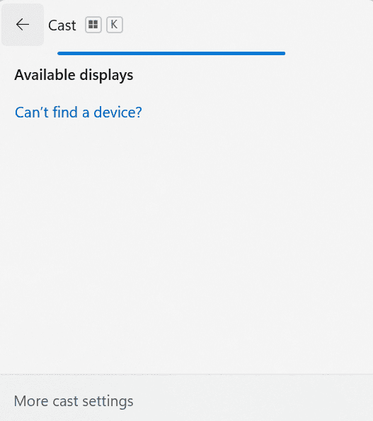 Windows Cast panel showing available displays for wireless screen mirroring