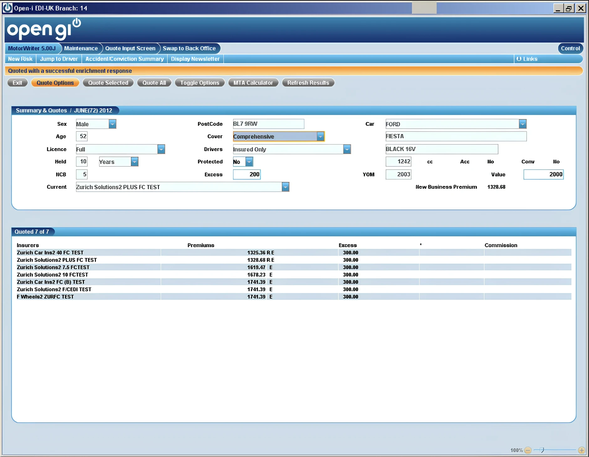 Legacy insurance admin system with a policy quote summary, user details, and insurer quotes table.