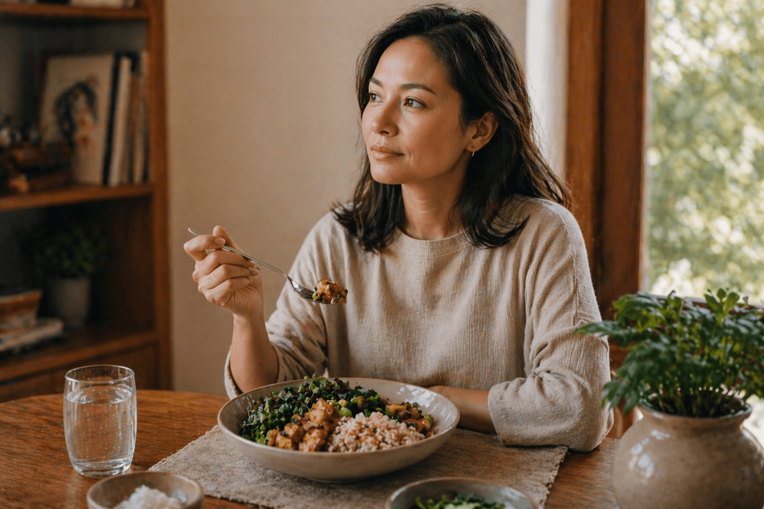 Woman pausing mid-meal to check in with hunger and fullness signals — intuitive eating in practice