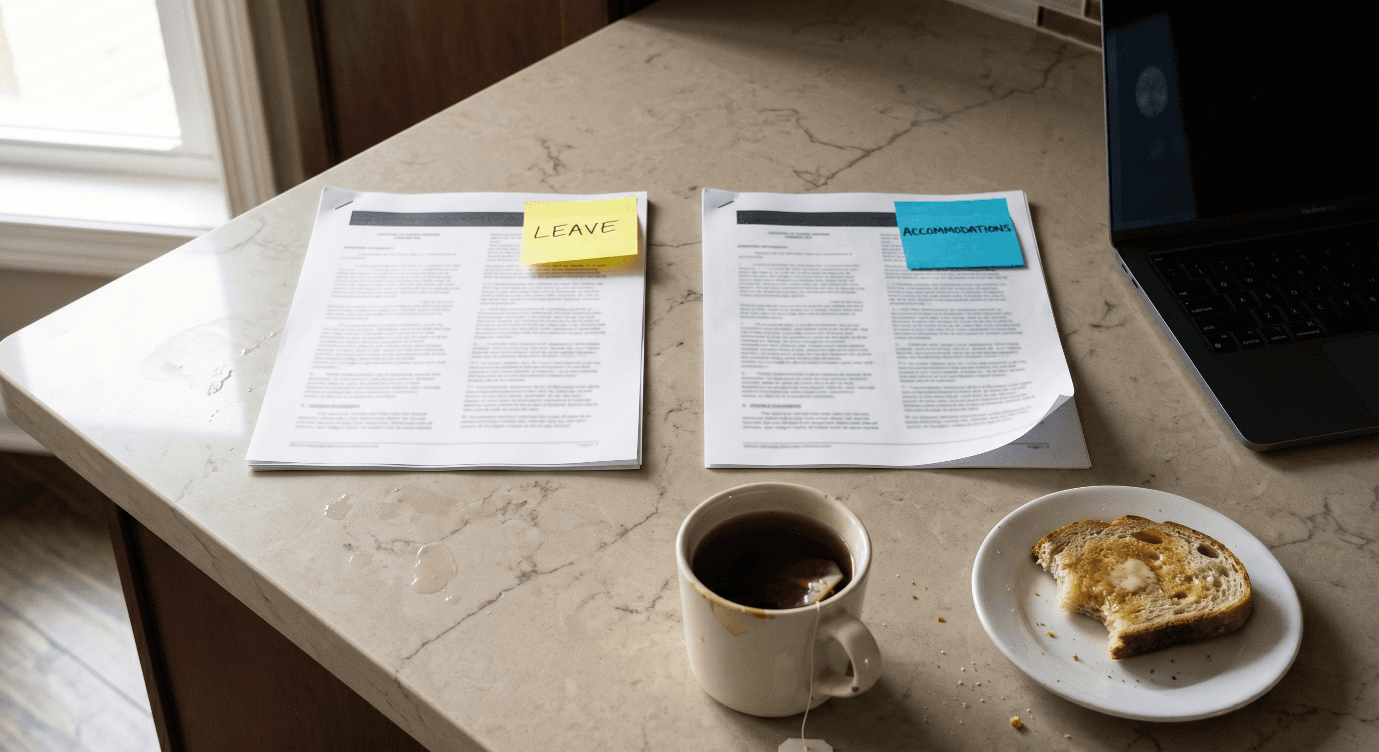 Side by side view of two legal documents on a kitchen counter, one labeled FMLA and one labeled ADA, with handwritten sticky notes attached to each