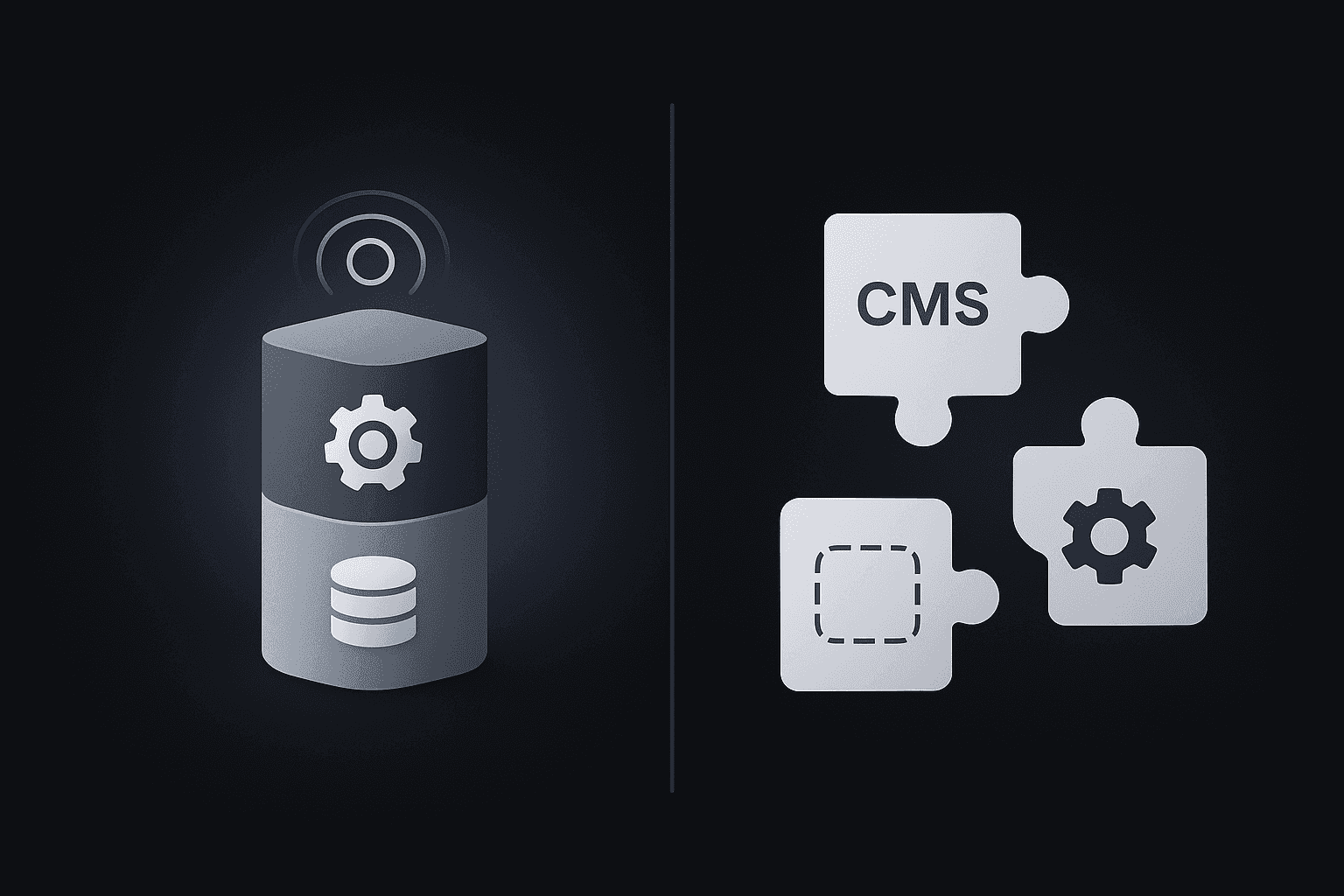 Left unified tech stack versus right fragmented puzzle pieces depicting differing platform architectures.