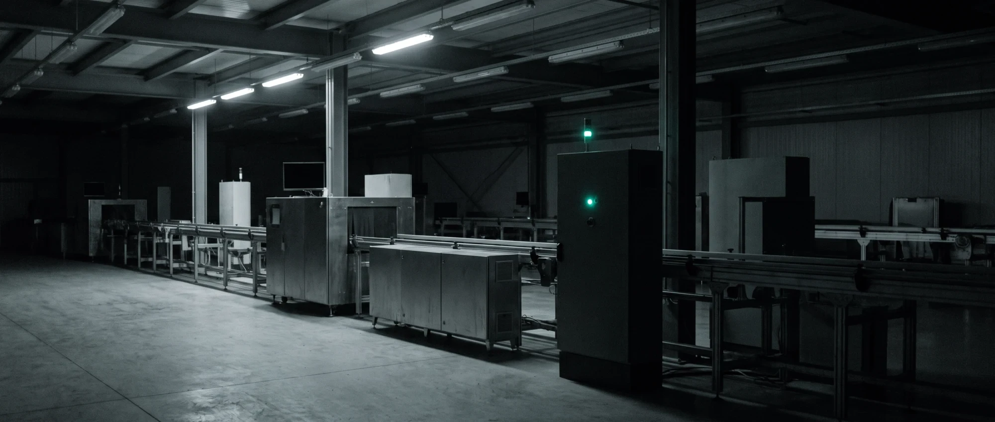 A manufacturing line at night with nobody present, a conveyor receding into the dark, a green indicator on a control cabinet.
