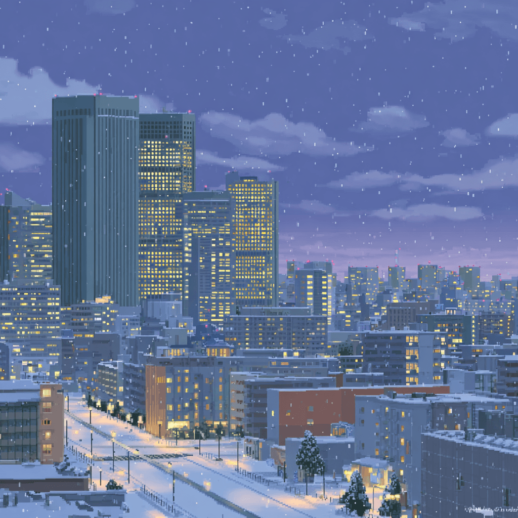 Pixel art of small city buildings at night.