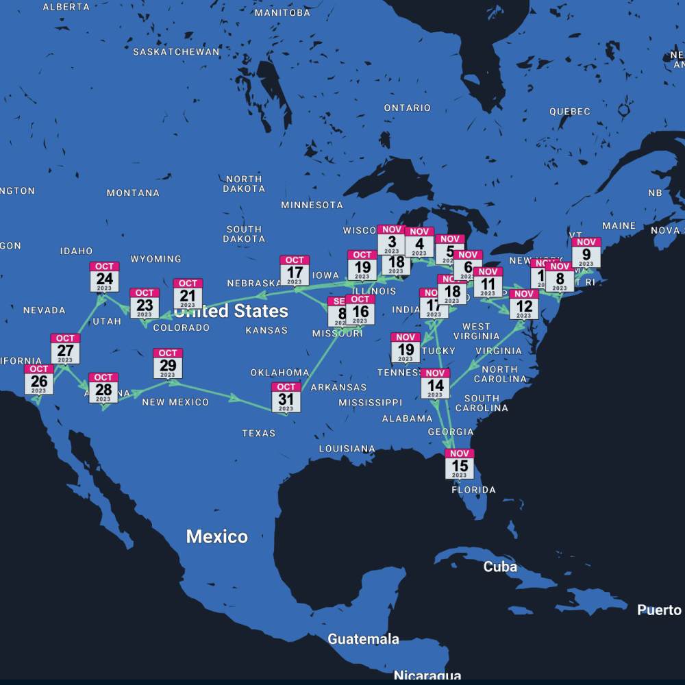 ROSTR's interactive tour maps showing tour routes for artists around the world