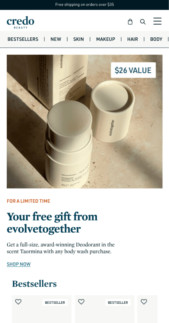 Mobile product detail page highlighting clean ingredient positioning