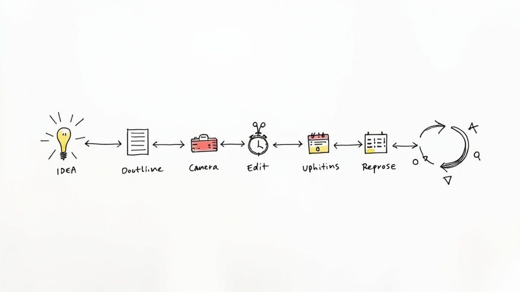 A hand-drawn workflow diagram showing steps for content creation: idea, outline, camera, edit, publish, review, and a feedback loop.