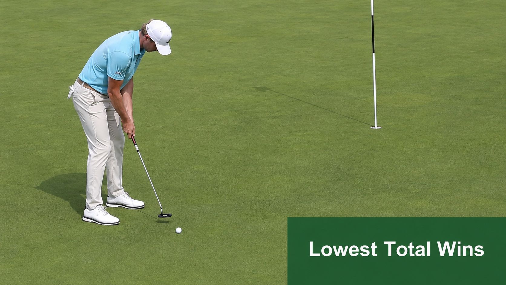 A professional golfer in a blue shirt preparing to putt a golf ball on a green.