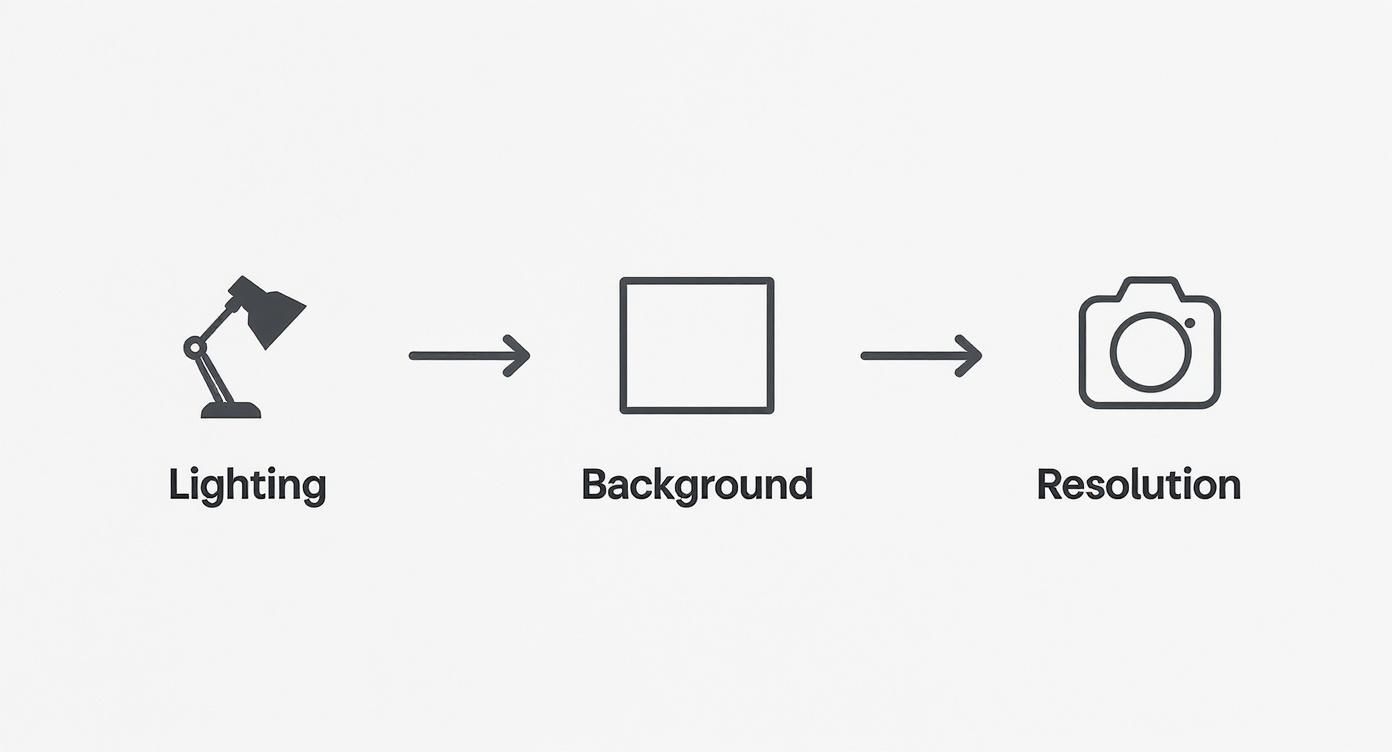 Diagram showing three key photo enhancement elements: lighting, background, and camera resolution with directional arrows