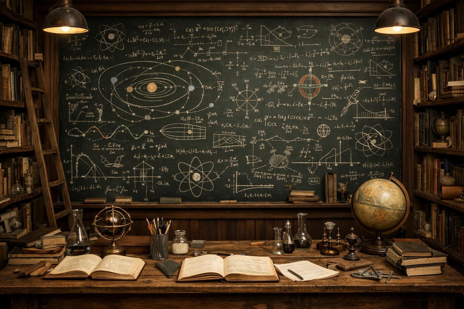 A cinematic, ultra-detailed background scene of a vintage physics study