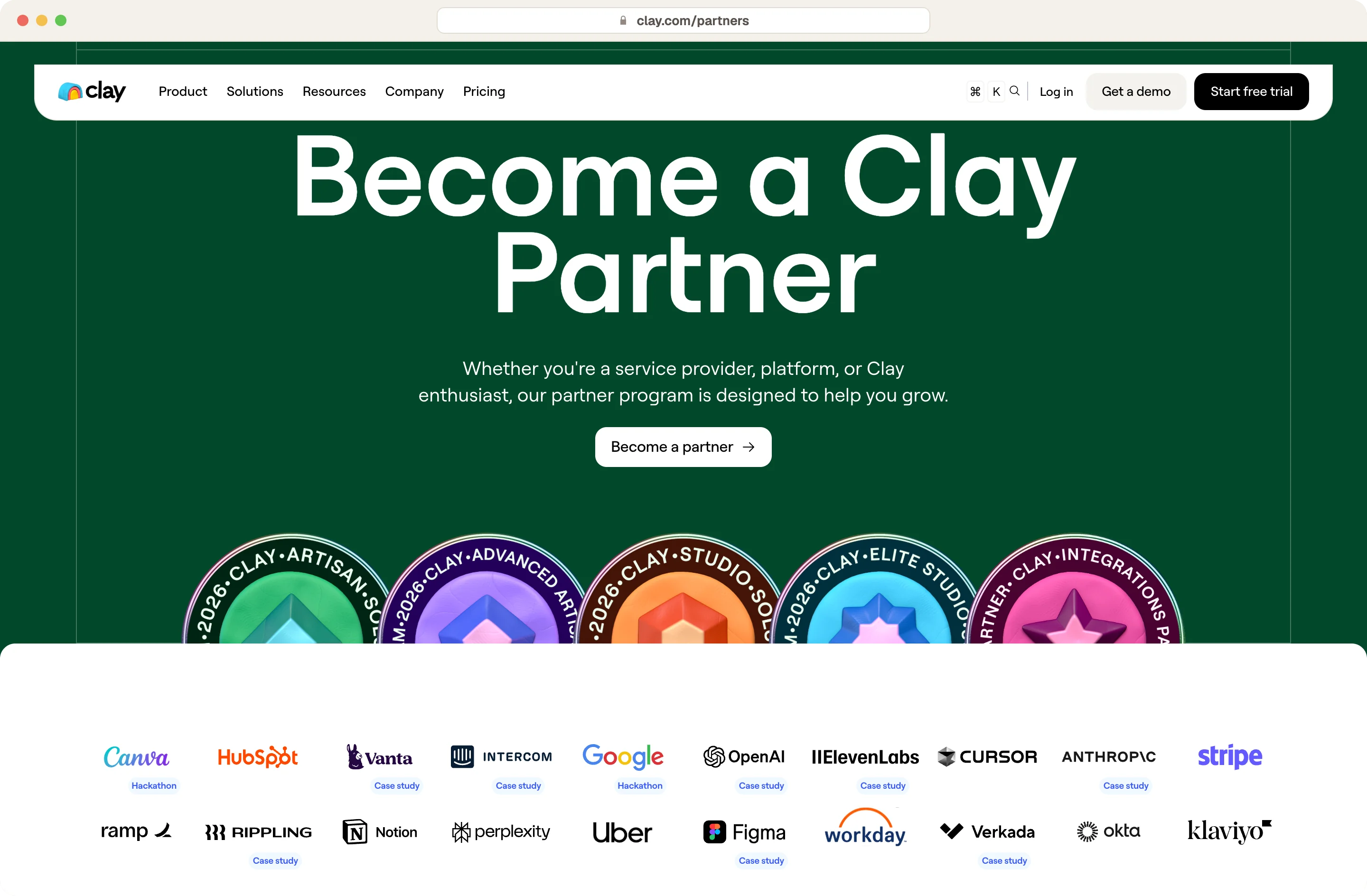 Clay partner program page showing the Artisan, Advanced Artisan, Studio and Elite Studio partner badges