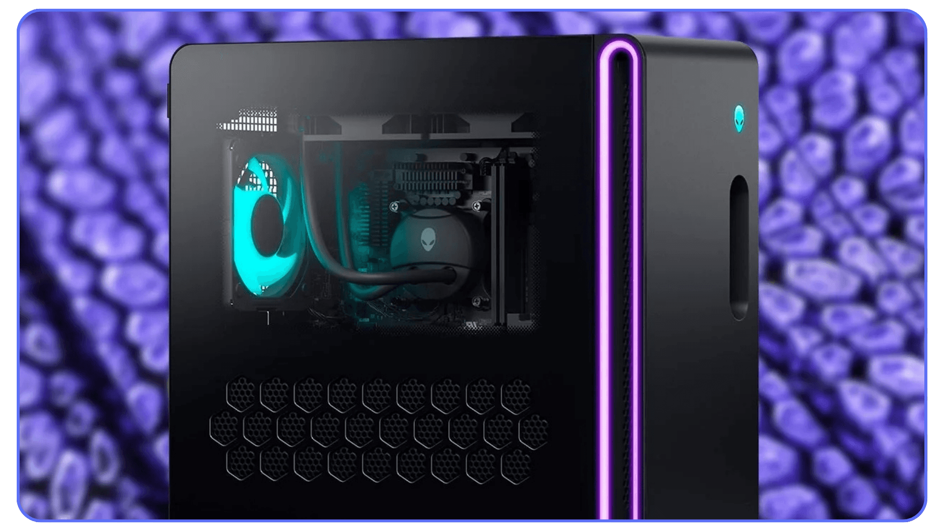 Alienware Aurora R16 desktop with liquid cooling system and purple LED lighting
