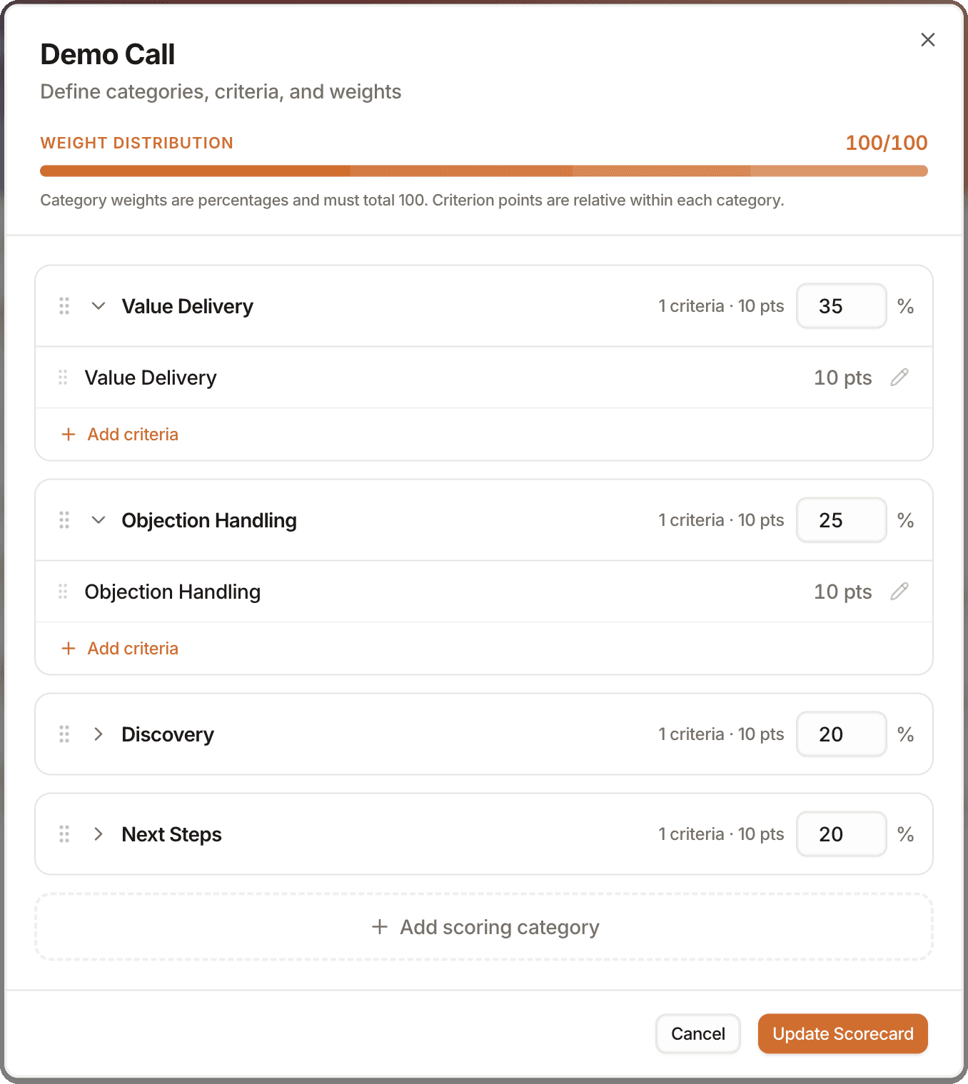 Kendo Demo Call scorecard editor: weighted scoring categories for Value Delivery, Objection Handling, Discovery and Next Steps totalling 100 percent