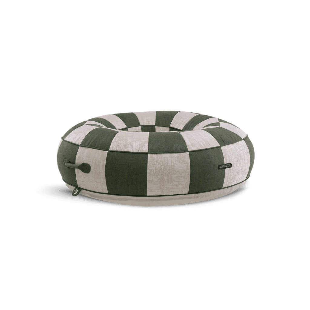 Ring-shaped luxury pool float in green-and-white patchwork jacquard