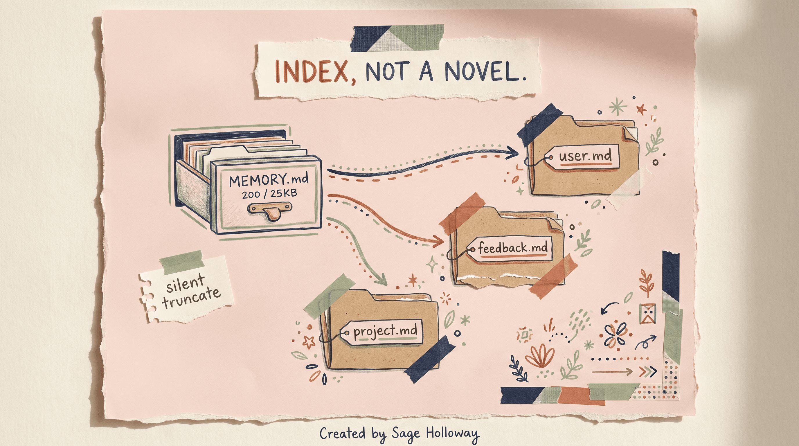 Scrapbook diagram of MEMORY.md as a short index pointing to topical memory files under the project memory folder