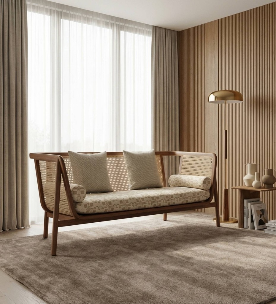 Luxury contemporary cane sofa with teal upholstery and wooden frame
