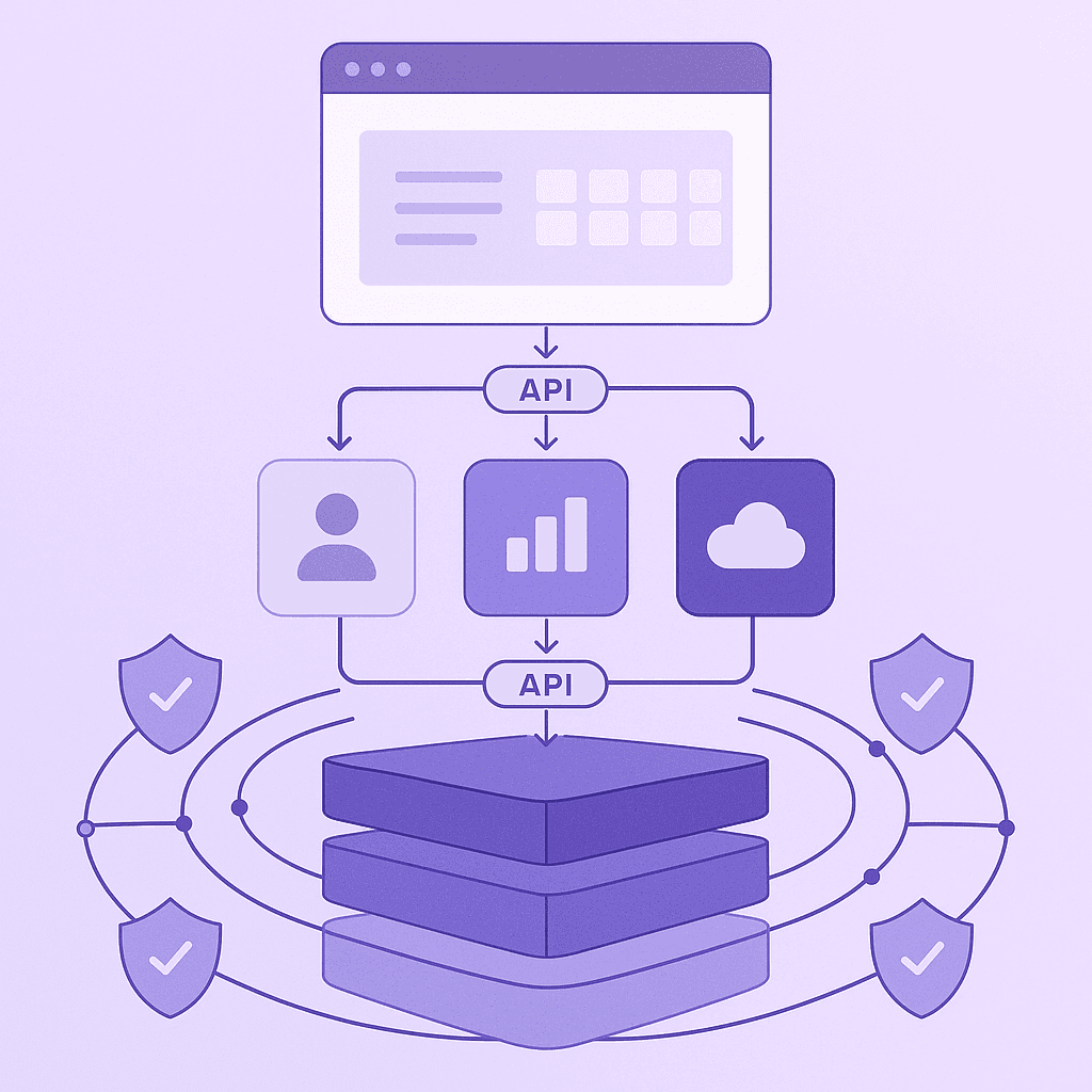 Layered architecture showing SimaDeliver dashboard, API connectors to tools, and security layer protecting data