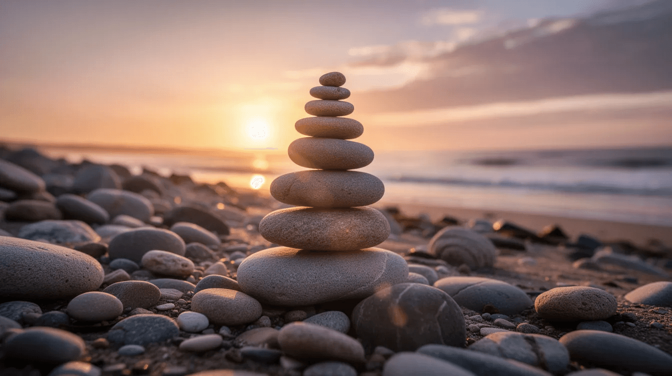 The image depicts a balanced stone cairn on a rocky beach during sunset, symbolizing financial balance and stability in the private equity market. This serene scene reflects the importance of strategic focus and investment strategies in achieving stability within the private equity industry.