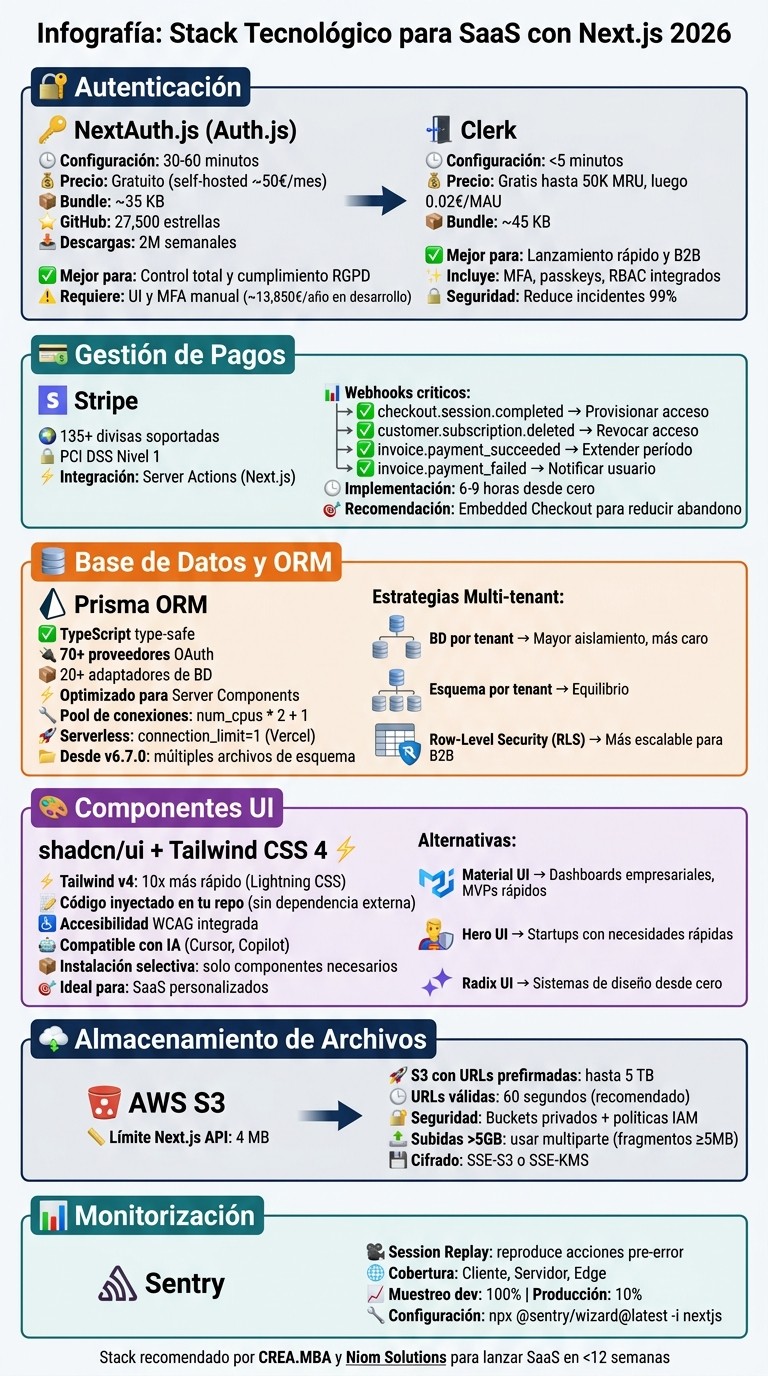 Comparación de librerías esenciales para SaaS con Next.js: autenticación, pagos, base de datos, UI y almacenamiento