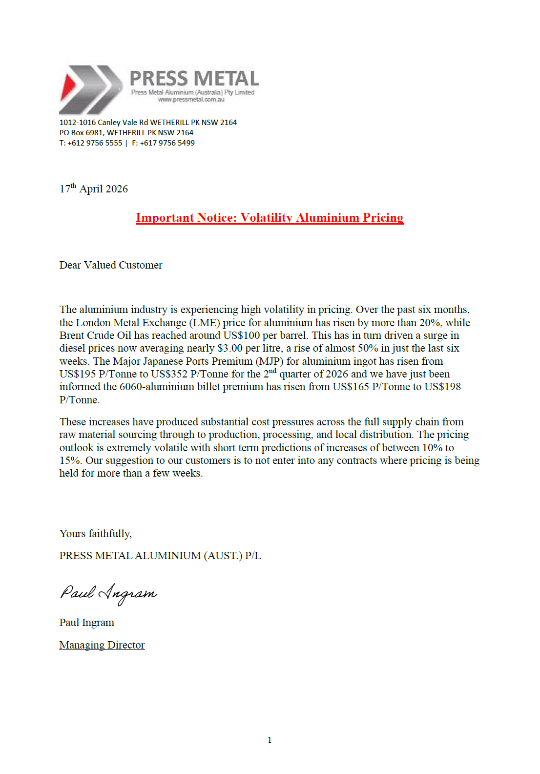 Notice of Votality Aluminium Pricing