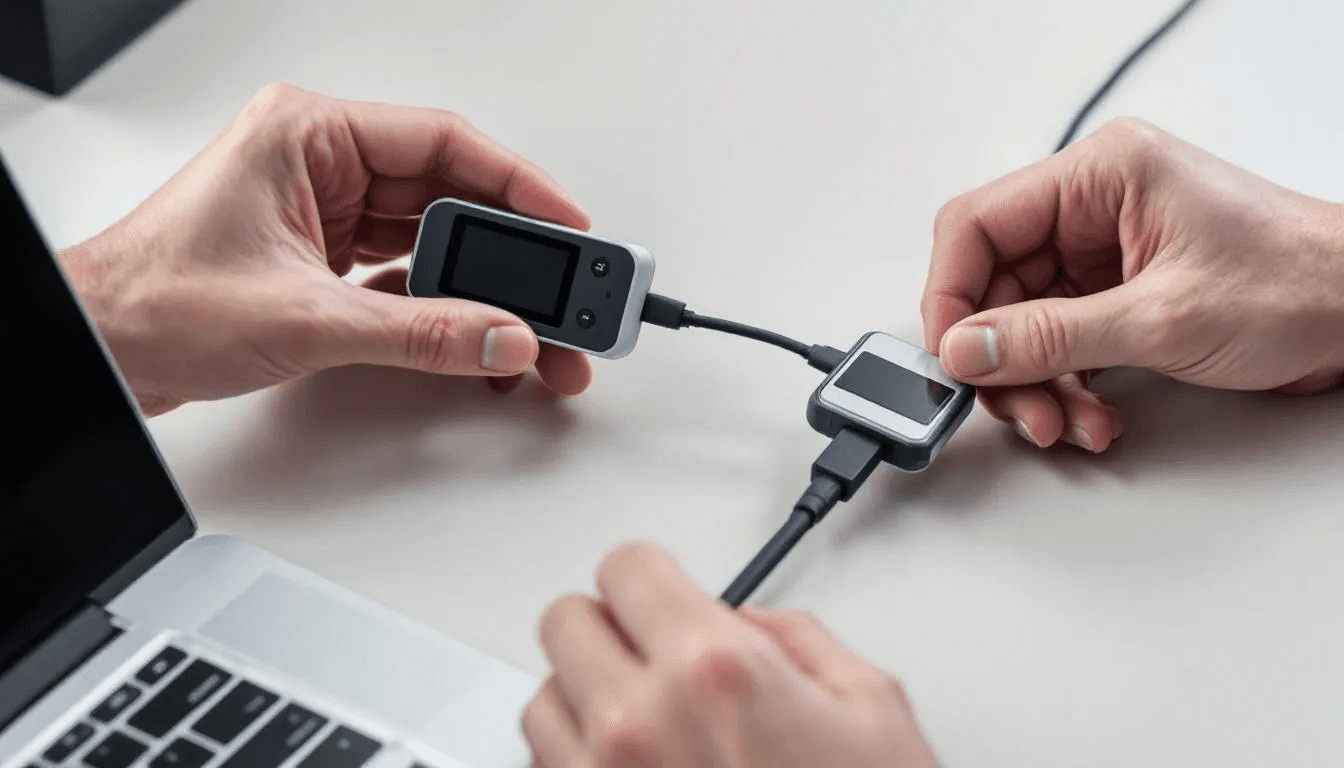 The image depicts hands connecting a hardware wallet to a laptop using a USB cable, illustrating the process of using a hardware wallet to manage and secure cryptocurrency assets. This physical device, designed for storing private keys offline, enhances security against online threats by ensuring that sensitive information remains in a completely offline environment.
