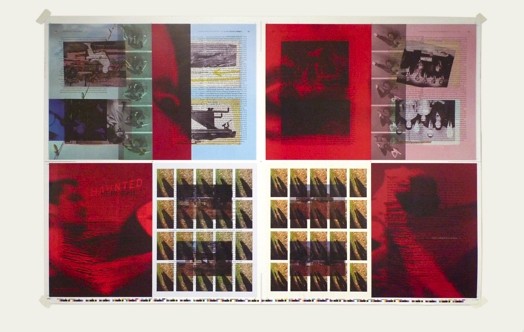 An imprint of several prints that show a man, a woman some photo samples and pieces of pages.