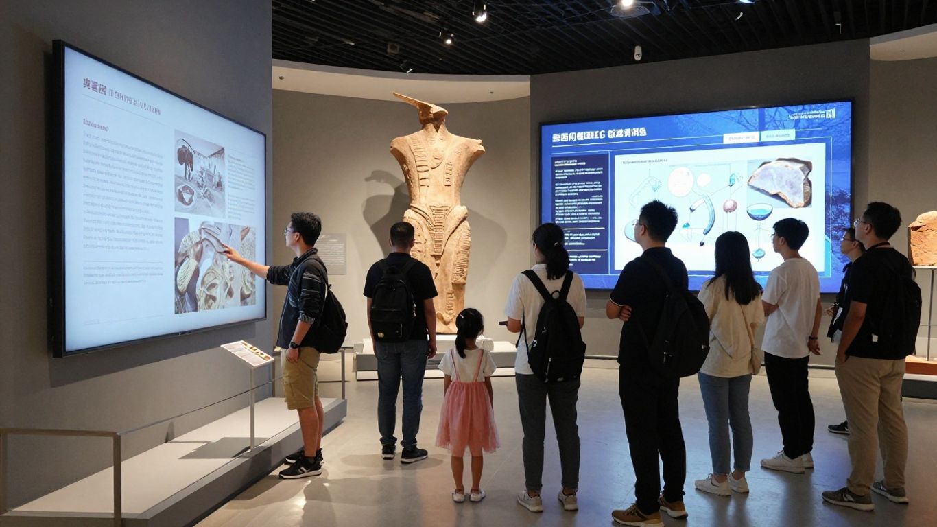 Diverse visitors engaging with interactive museum displays
