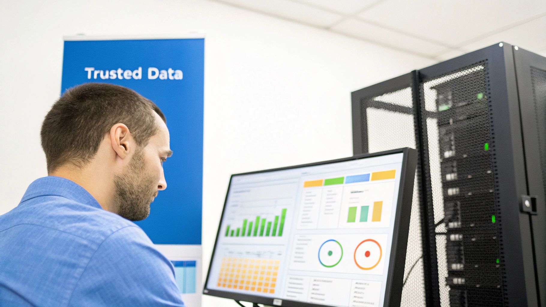 A data professional analyzes charts on a monitor in a server room, with a 'Trusted Data' banner.