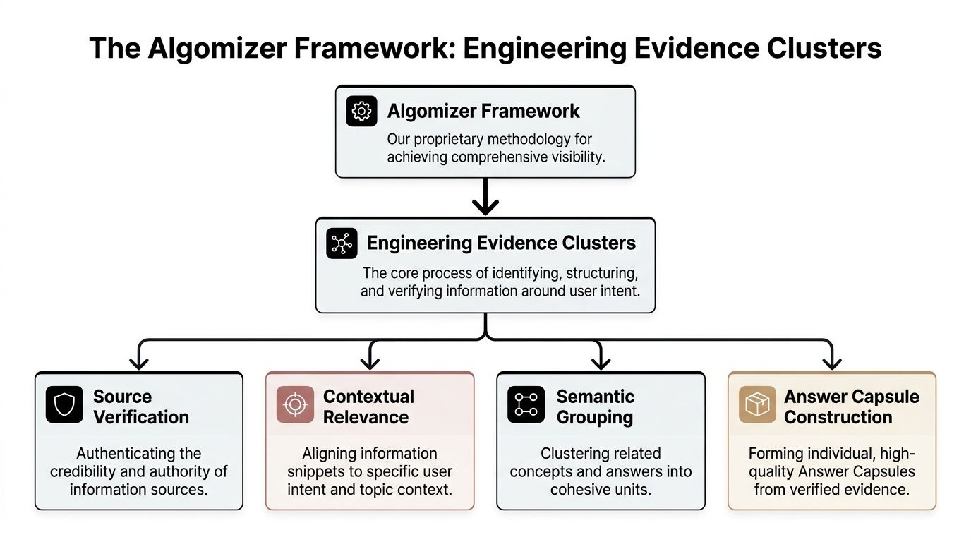 A diagram illustrating the Algomizer Framework for engineering evidence clusters through verification, relevance, grouping, and construction.