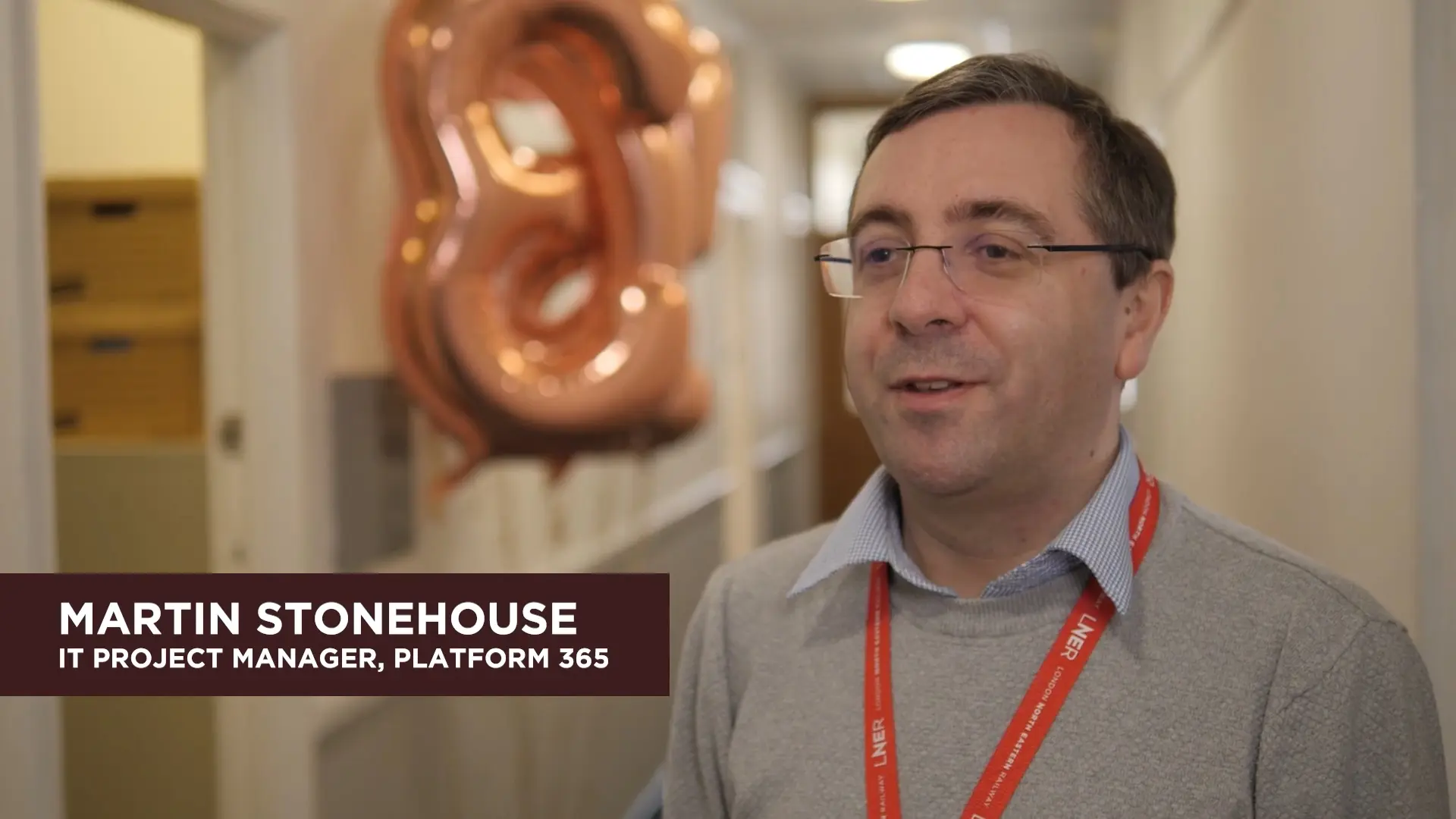 LNER IT Project Manager Martin Stonehouse speaking on camera as part of a Platform 365 training film.