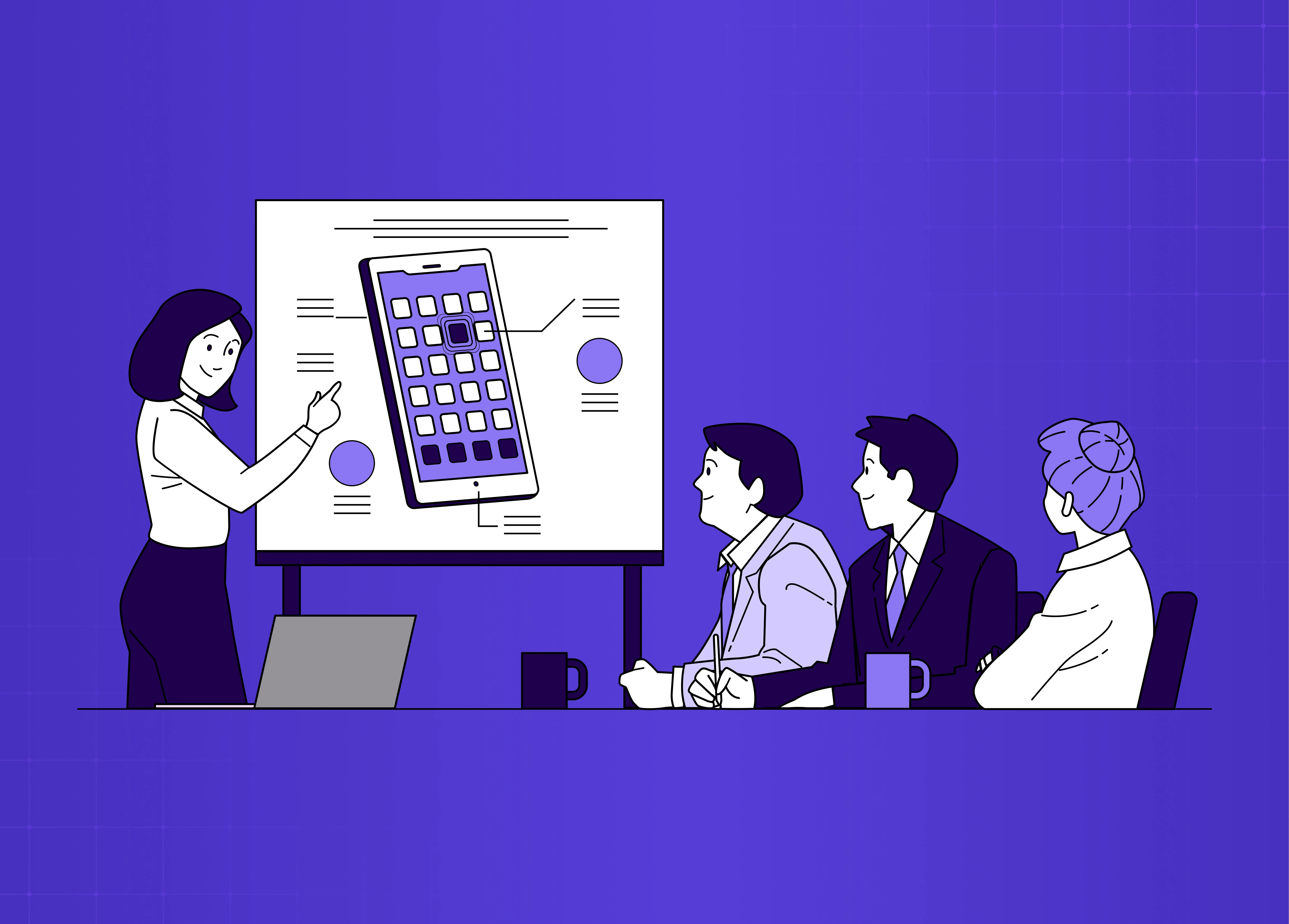 Illustration of a product presentation meeting where a presenter explains a mobile app wireframe to a seated team in a purple-themed office setting.