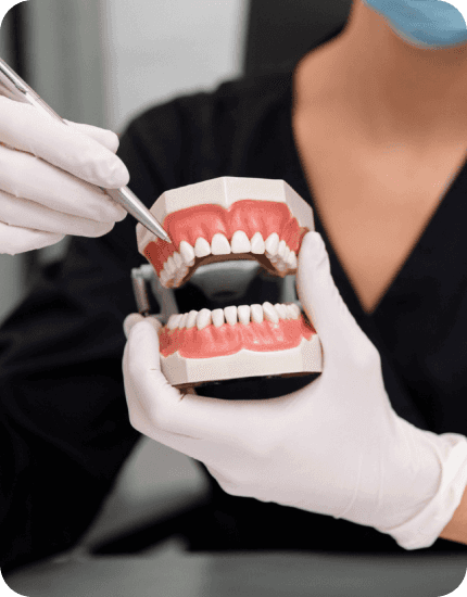 doutora com uma prótese oral na mão