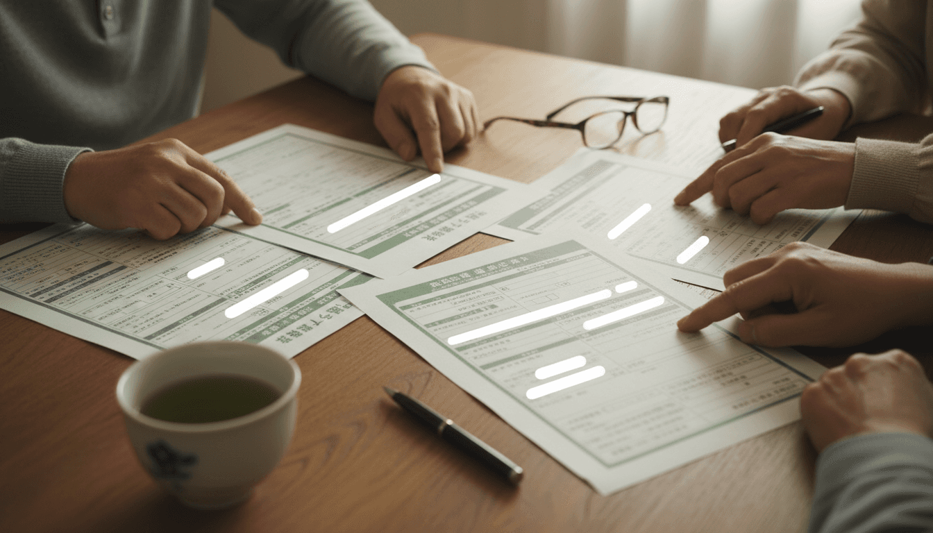 介護保険制度の申請書類と相談する家族の様子