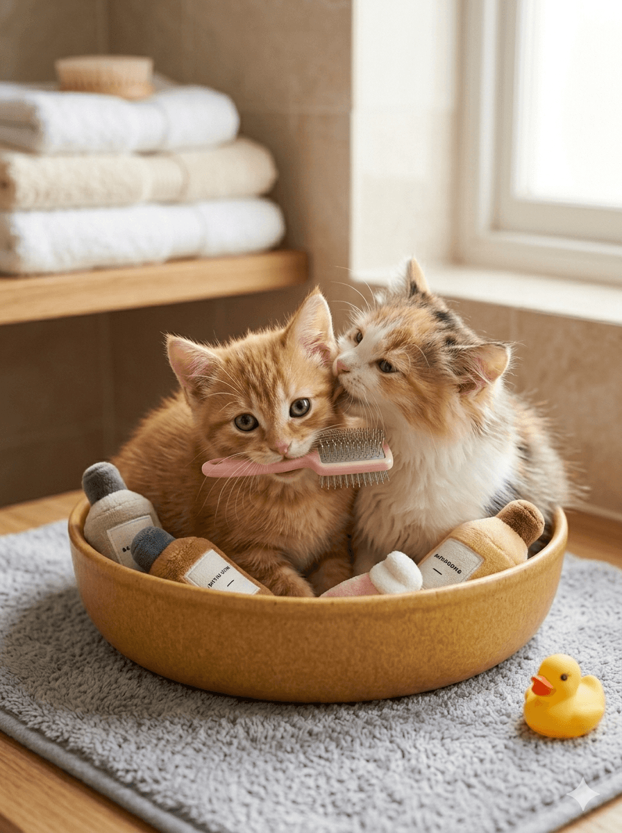 A 4K image of 2 hapy cats being groomed