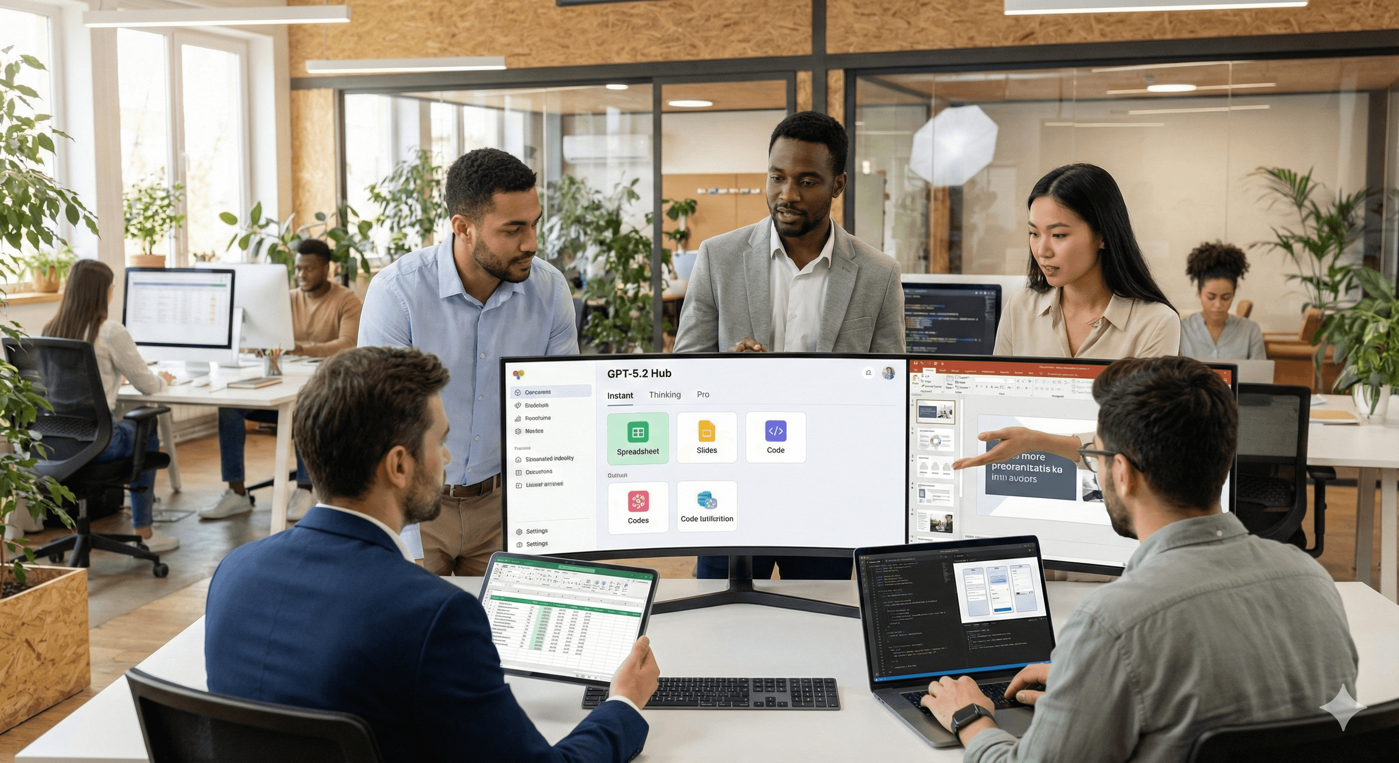 A diverse group of people is collaborating in a modern office, focusing on a large monitor displaying the GPT 5.2 hub interface, with additional laptops and documents spread across the table for discussion.