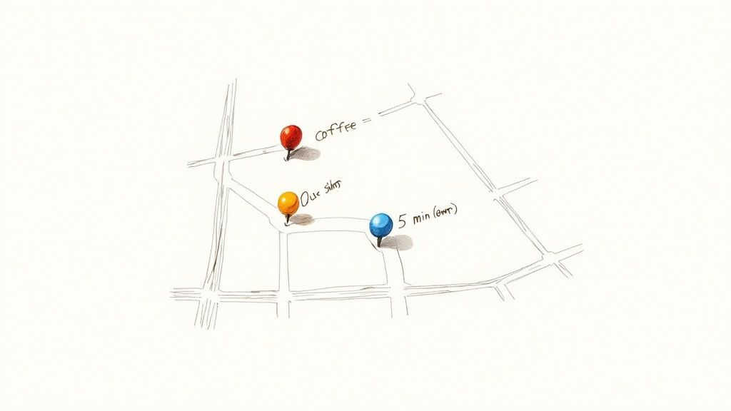 A hand-drawn map featuring three colorful pins: red for coffee, orange for a sister, and blue marking a 5-minute walk.