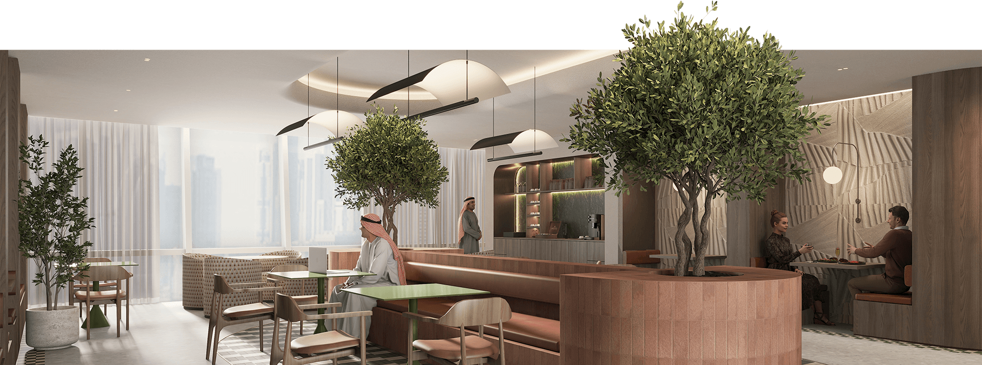 Business centre in Riyadh featuring design elements inspired from sand dunes and traditional Arabic patterns.