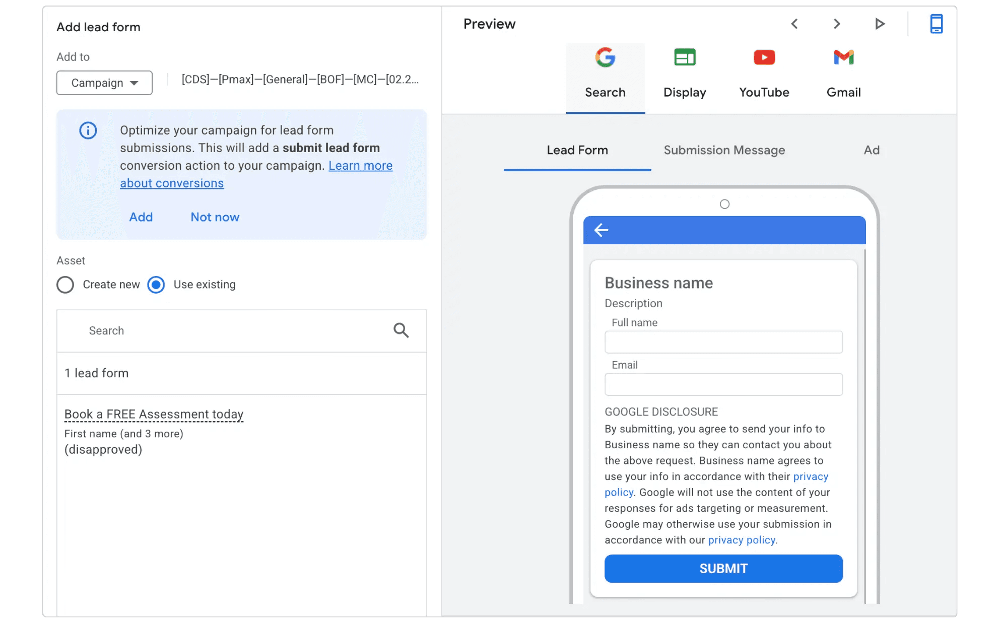 Lead form asset in google ads