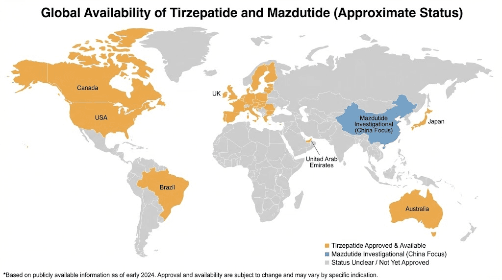 Global availability comparison for tirzepatide versus mazdutide