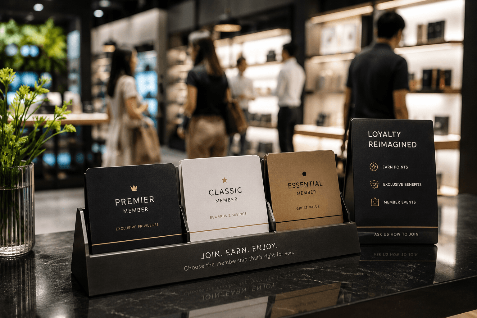 Premium loyalty membership cards representing different tiers displayed on a retail counter, with customers browsing in a modern store.