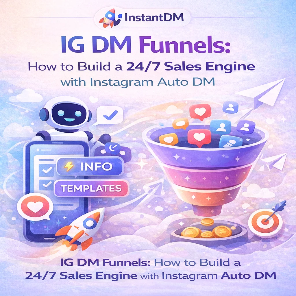 Blog header illustration for “IG DM Funnels: How to Build a 24/7 Sales Engine with Instagram Auto DM,” showing an automated Instagram DM funnel with a chatbot, InstantDM logo, message icons flowing into a sales funnel, gold coins, and a modern light UI design.